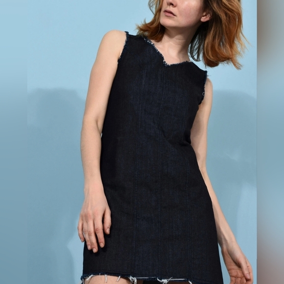 8 ESSENTIAL Raw Hem Denim Mini Dress XS Minimalist Capsule Wardrobe Quiet Luxury - Picture 5 of 10